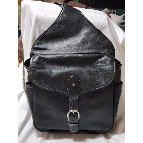 Levenger Black Leather Backpack Day One Shoulder Bag Sling Swing Pack Saddle Bag - Picture 1 of 16